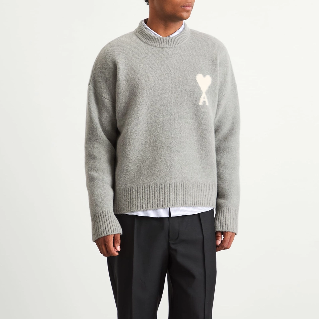 AMI Paris Men's Alpaca Knit ADC Crew Neck Jumper Gris/Ecru
